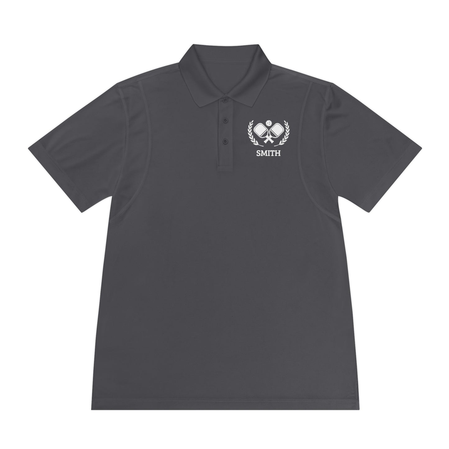 Pickleball Polos Dark gray polo shirt with a small logo on the chest against a white background