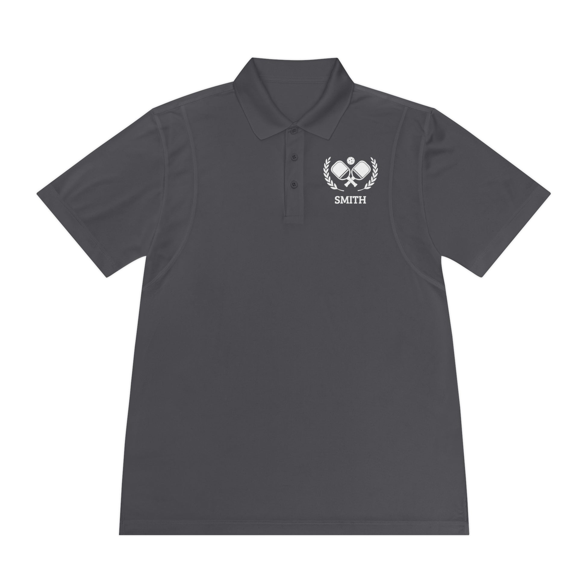 Pickleball Polos Dark gray polo shirt with a small logo on the chest against a white background