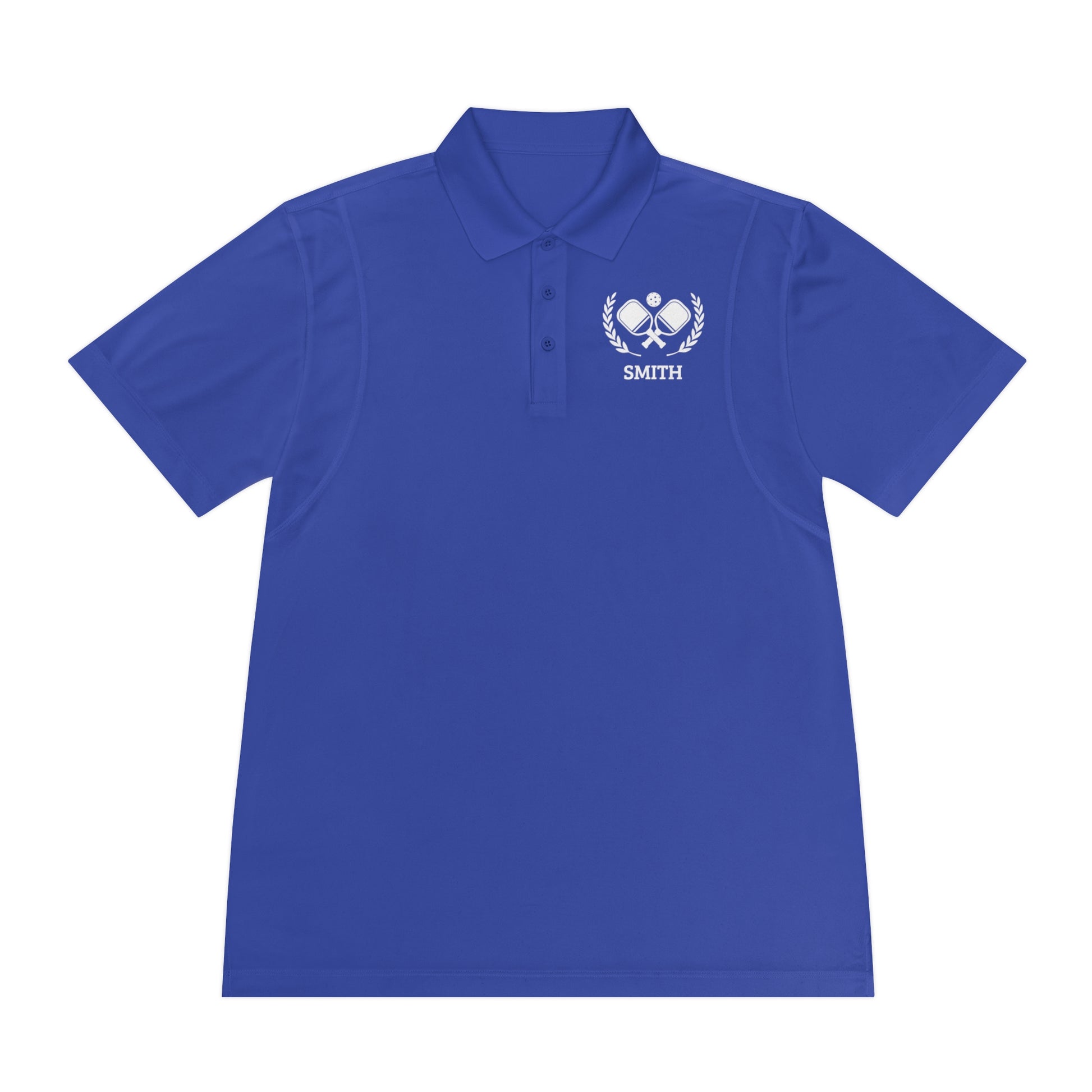 Pickleball Polos Navy blue polo shirt with a logo on the chest against a white background