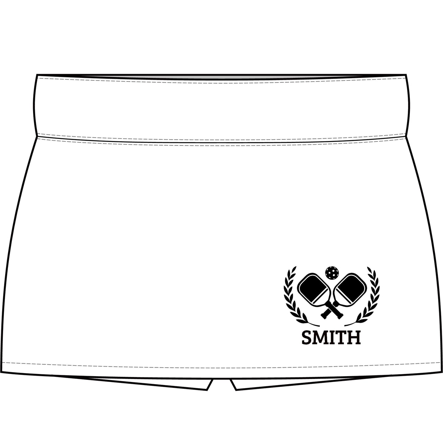Pickleball Skort White athletic shorts with a black printed logo of crossed tennis rackets under a flower and laurel wreath, with the name 'SMITH' printed below, shown on a plain white background.