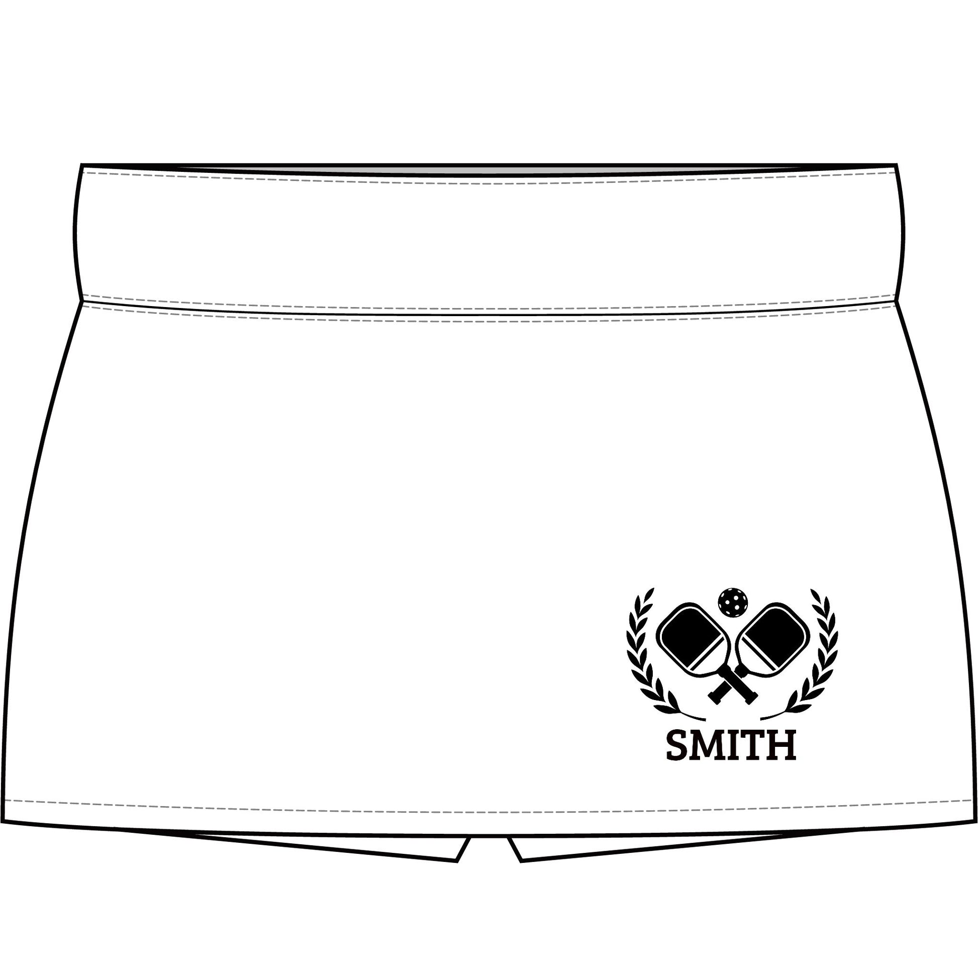 Pickleball Skort White athletic shorts with a black printed logo of crossed tennis rackets under a flower and laurel wreath, with the name 'SMITH' printed below, shown on a plain white background.