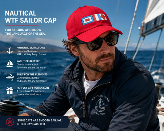 Sailor Cap Man wearing a red nautical cap with signal flags on a sailboat, surrounded by ocean and sky.