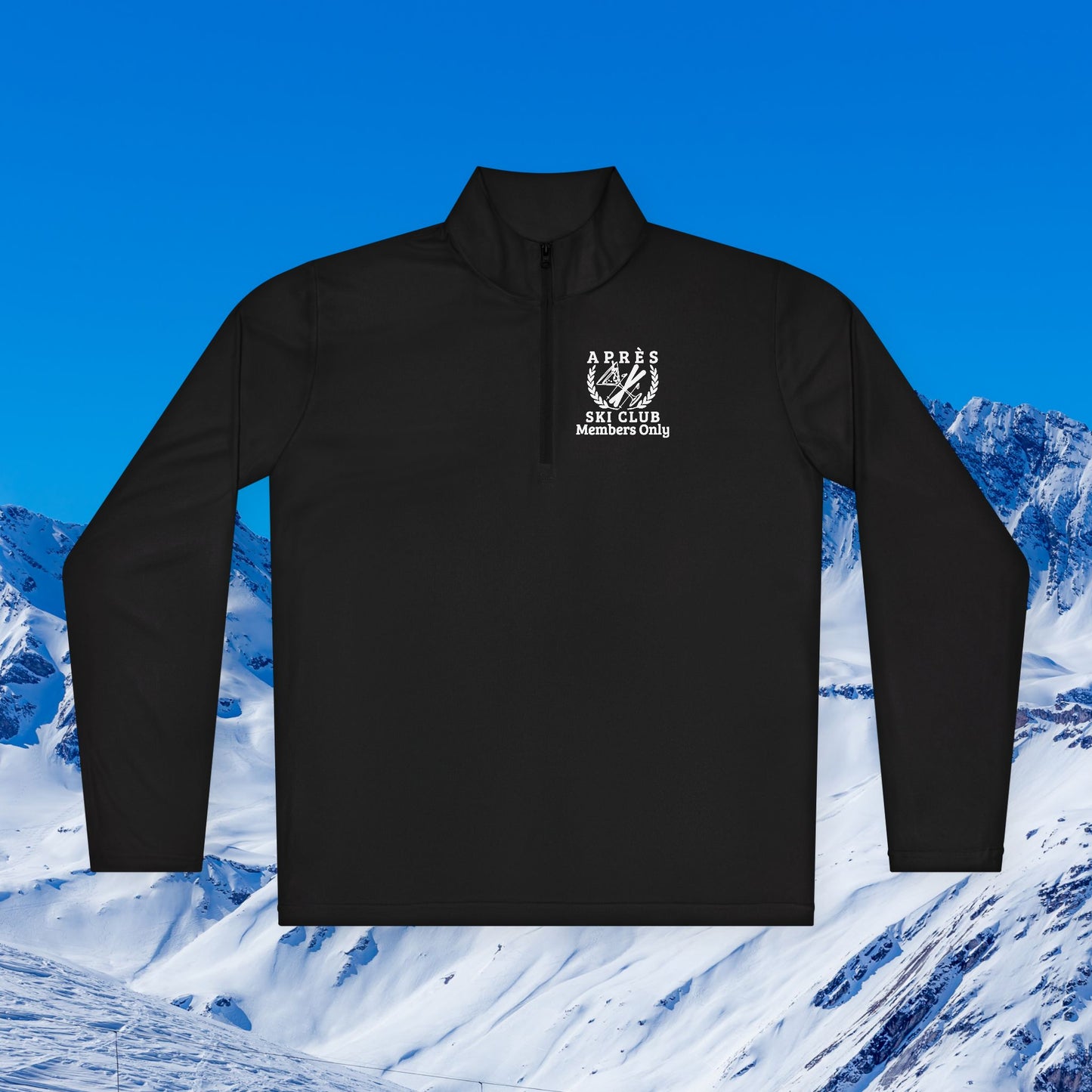 Ski Pullover A black long-sleeve quarter-zip pullover with a white printed crest and the text 'APRS ski club Members Only' on the left chest, shown against a snowy mountain background under a blue sky.