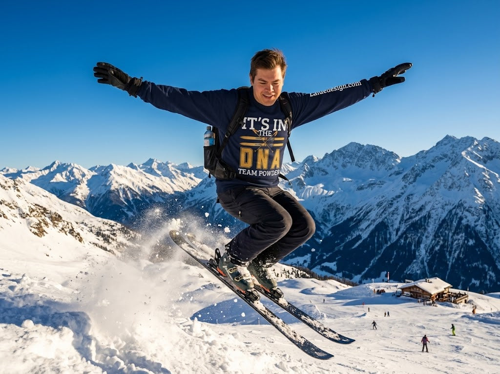 Ski Sweatshirt A skier jumps through the air on a snowy mountain slope with snow-covered peaks and a clear blue sky in the background. The skier is wearing a dark navy long-sleeve graphic shirt with yellow and white text that reads 'IT'S IN YOUR DNA TEAM POWER' and black ski pants.