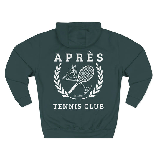Tennis Club Hoodie Black hoodie with 'Apres Tennis Club' design on a white background