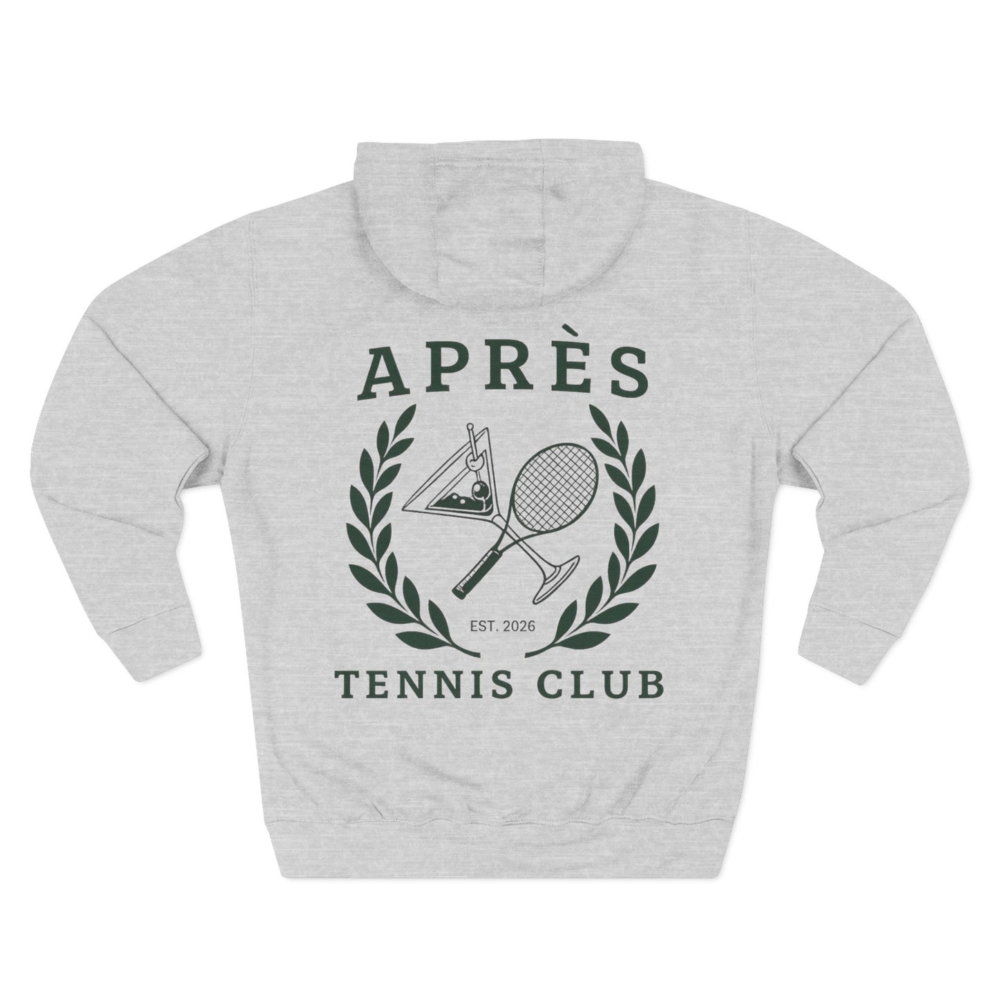 Tennis Hoodie Gray hoodie with 'Apres Tennis Club' design on a white backgroun