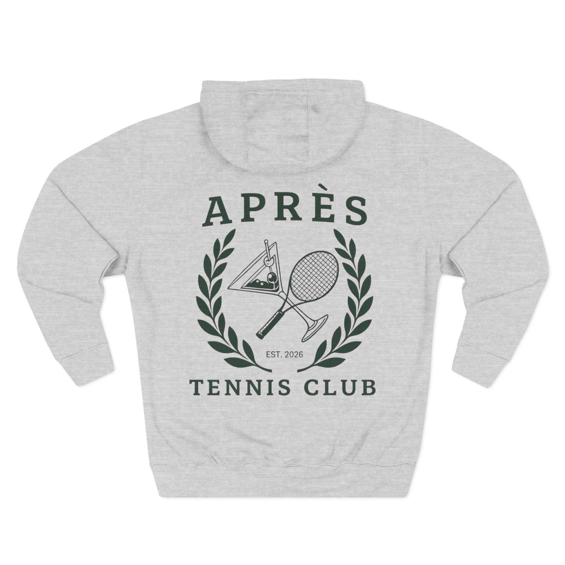 Tennis Hoodie Gray hoodie with 'Apres Tennis Club' design on a white backgroun