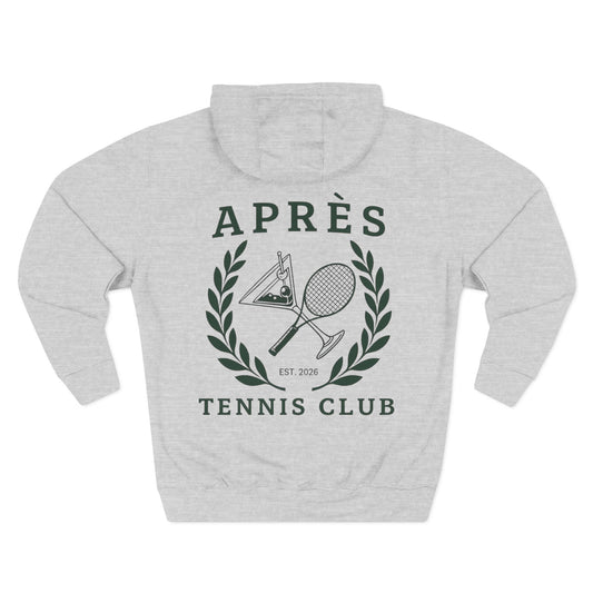 Tennis Hoodie Gray hoodie with 'Apres Tennis Club' design on a white backgroun