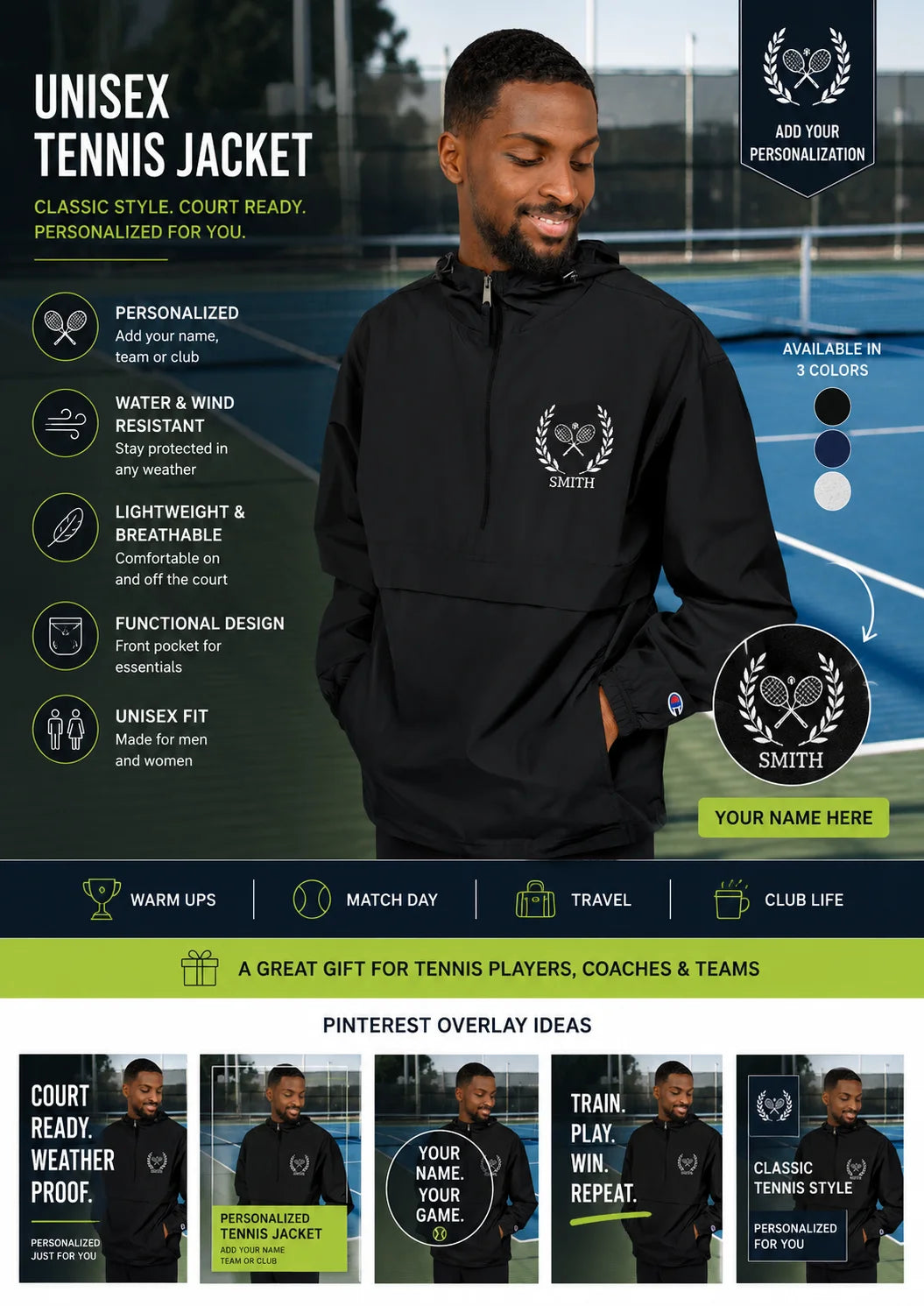 Tennis jacket Man wearing a black unisex tennis jacket with product features and customization options displayed.