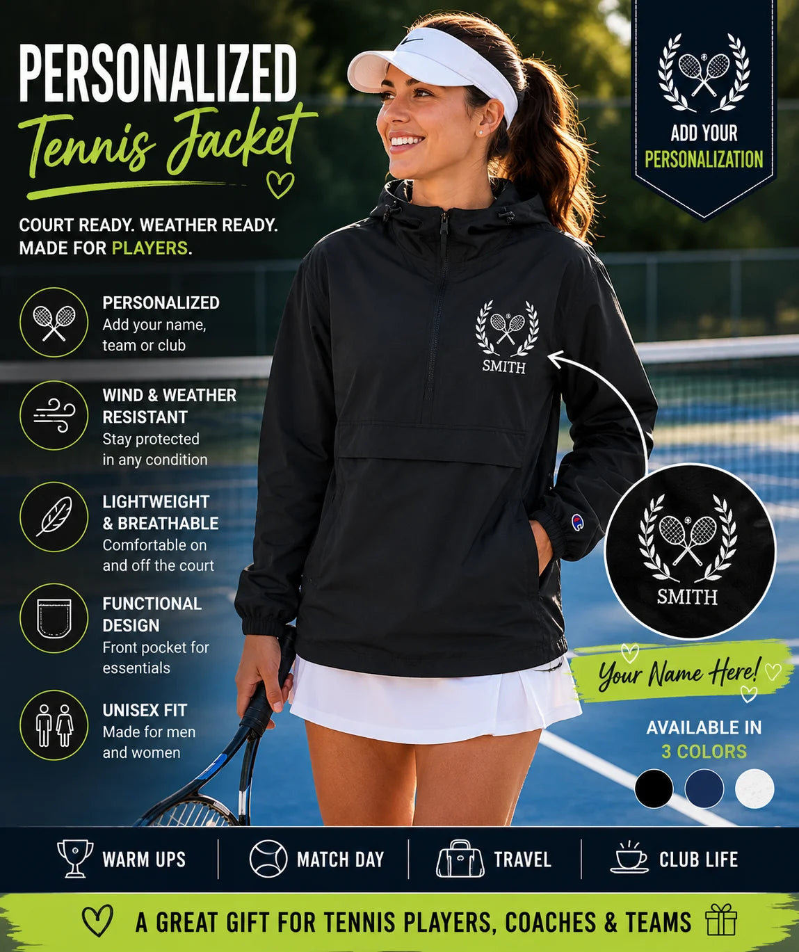 Tennis jacket Woman wearing a personalized tennis jacket on a tennis court with product features displayed.