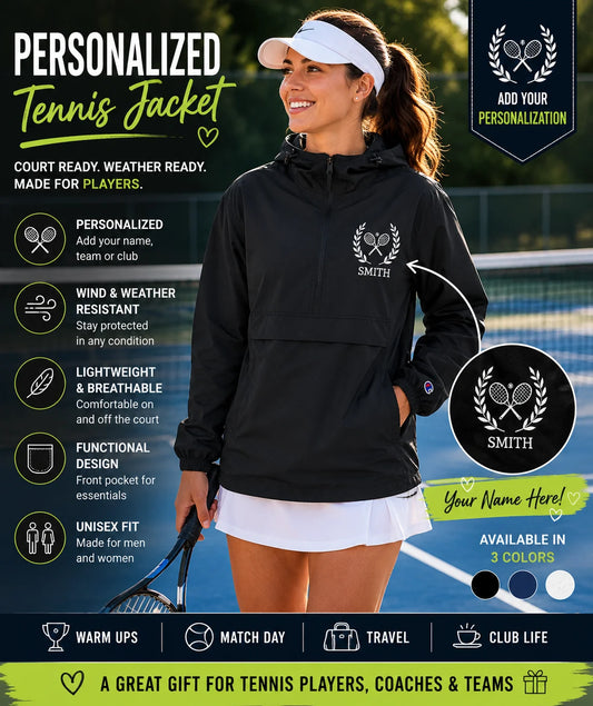 Tennis jacket Woman wearing a personalized tennis jacket on a tennis court with product features displayed.