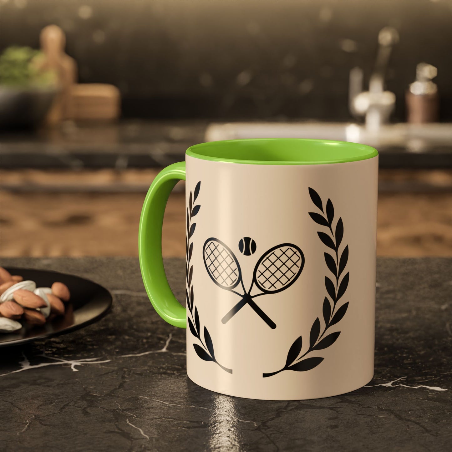 Tennis Coffee Mug A ceramic mug with a cream-colored exterior and a bright green interior, handle, and rim. The exterior features a black graphic of two crossed tennis rackets with a tennis ball, framed by a laurel wreath.