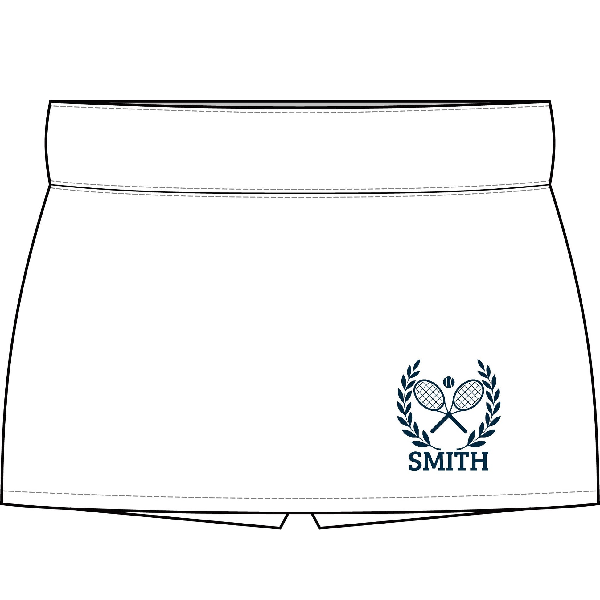Tennis Skirt white with leggings personalized White athletic shorts with a navy blue crossed tennis rackets and laurel wreath logo, featuring the name 'SMITH' printed below on the lower right front.