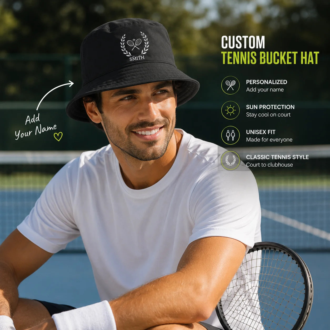 Tennis bucket hat A smiling man on a tennis court wearing a black custom bucket hat with a white laurel wreath and tennis ball logo. The image includes text overlays highlighting the custom, sun protection, and unisex fit features of the tennis bucket hat.