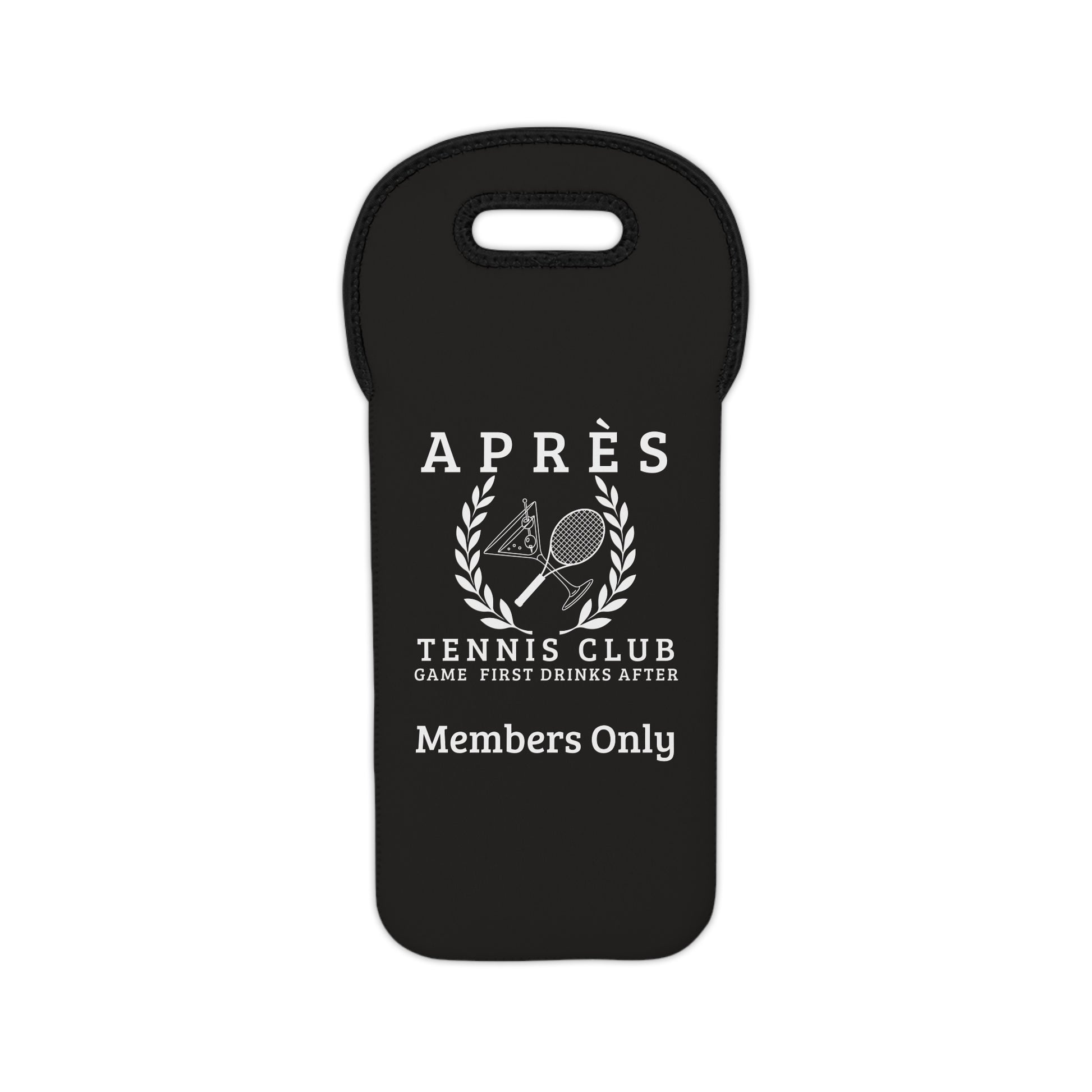 Wine tote bag Black bag with white text and graphics on a white background