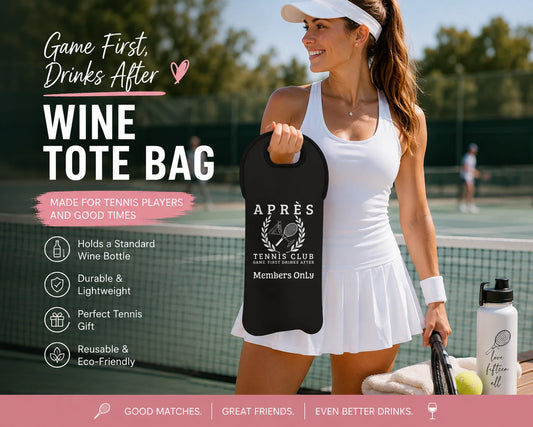 Wine tote bag Woman holding a wine tote bag on a tennis court with promotional text.