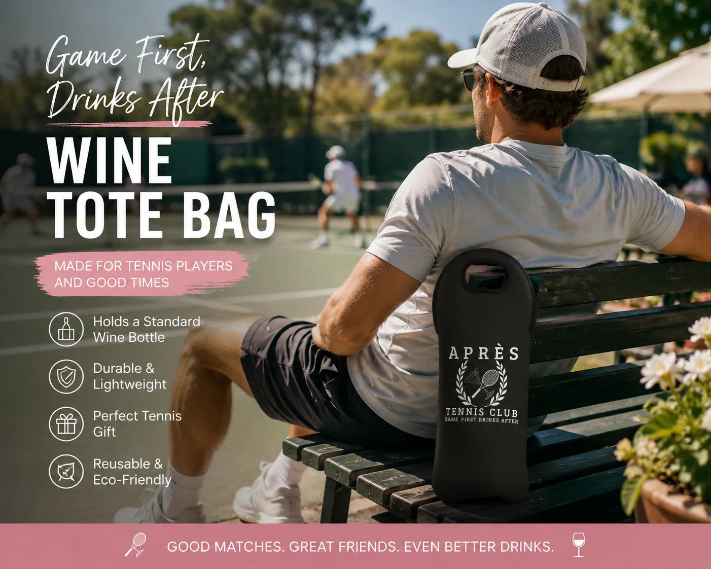 Wine tote bag Man sitting on a bench with a wine tote bag, tennis court in the background