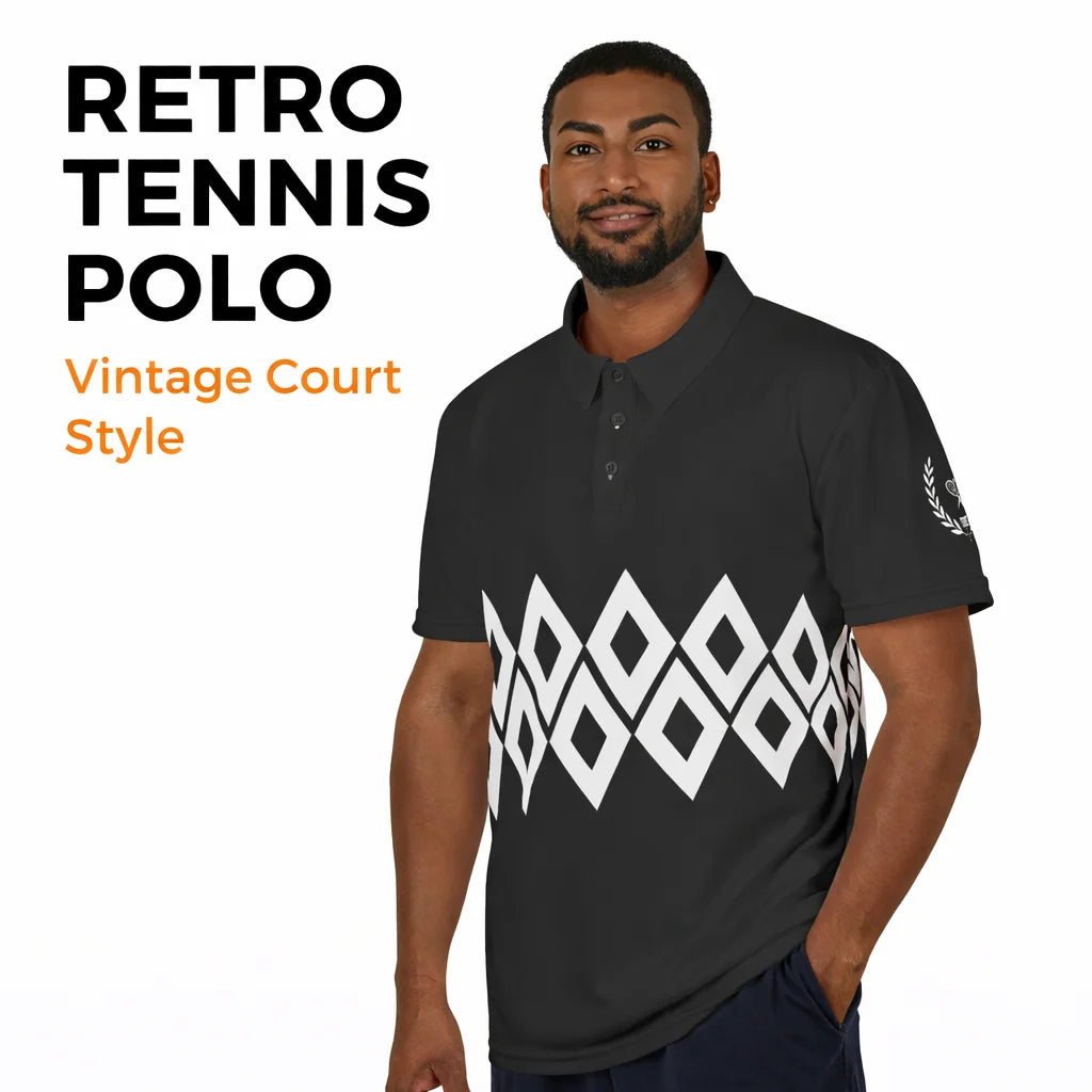Man wearing a black retro tennis polo with white geometric pattern on a white background