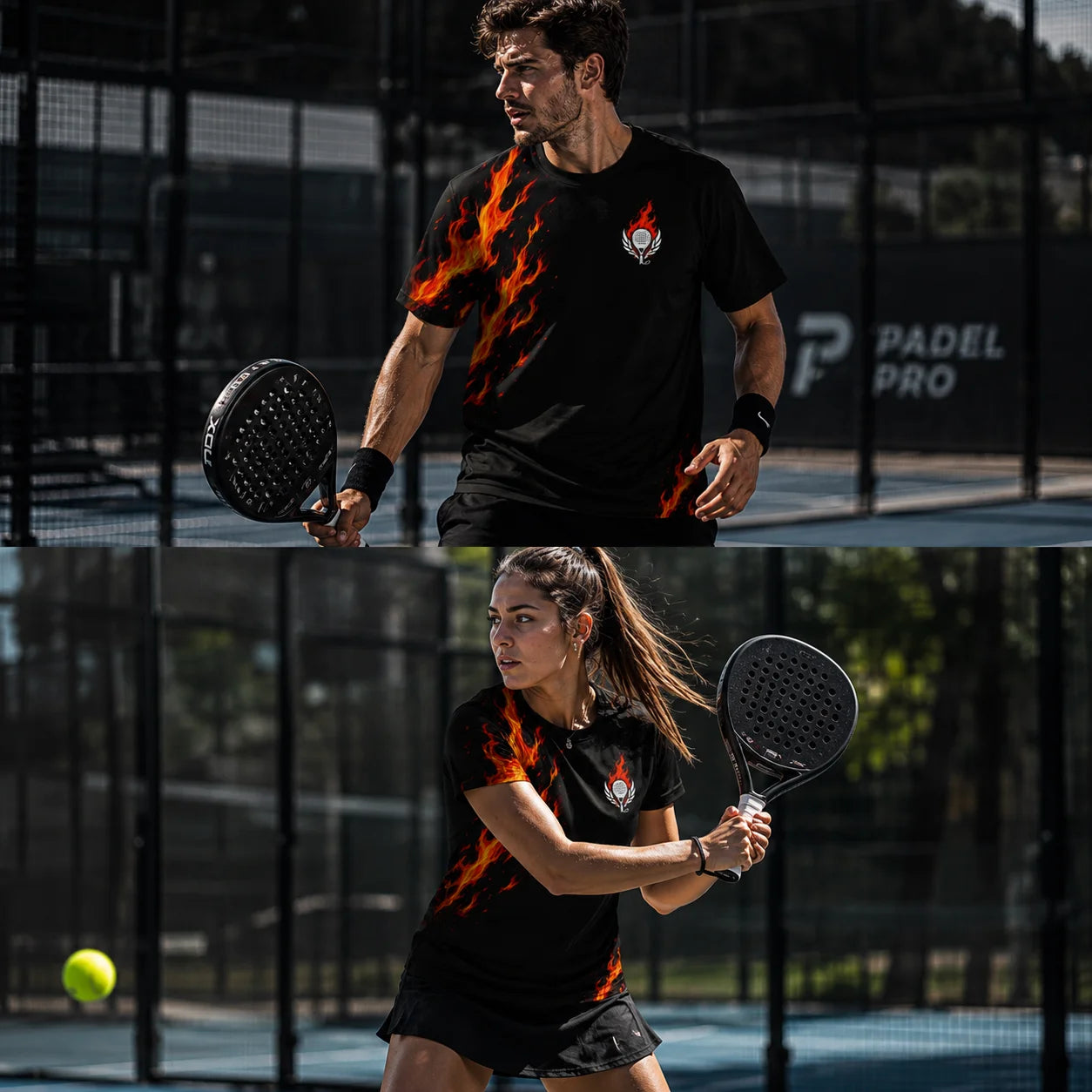 Performance Padel Shirt Two people playing padel on a court with 'Padel Pro' branding.
