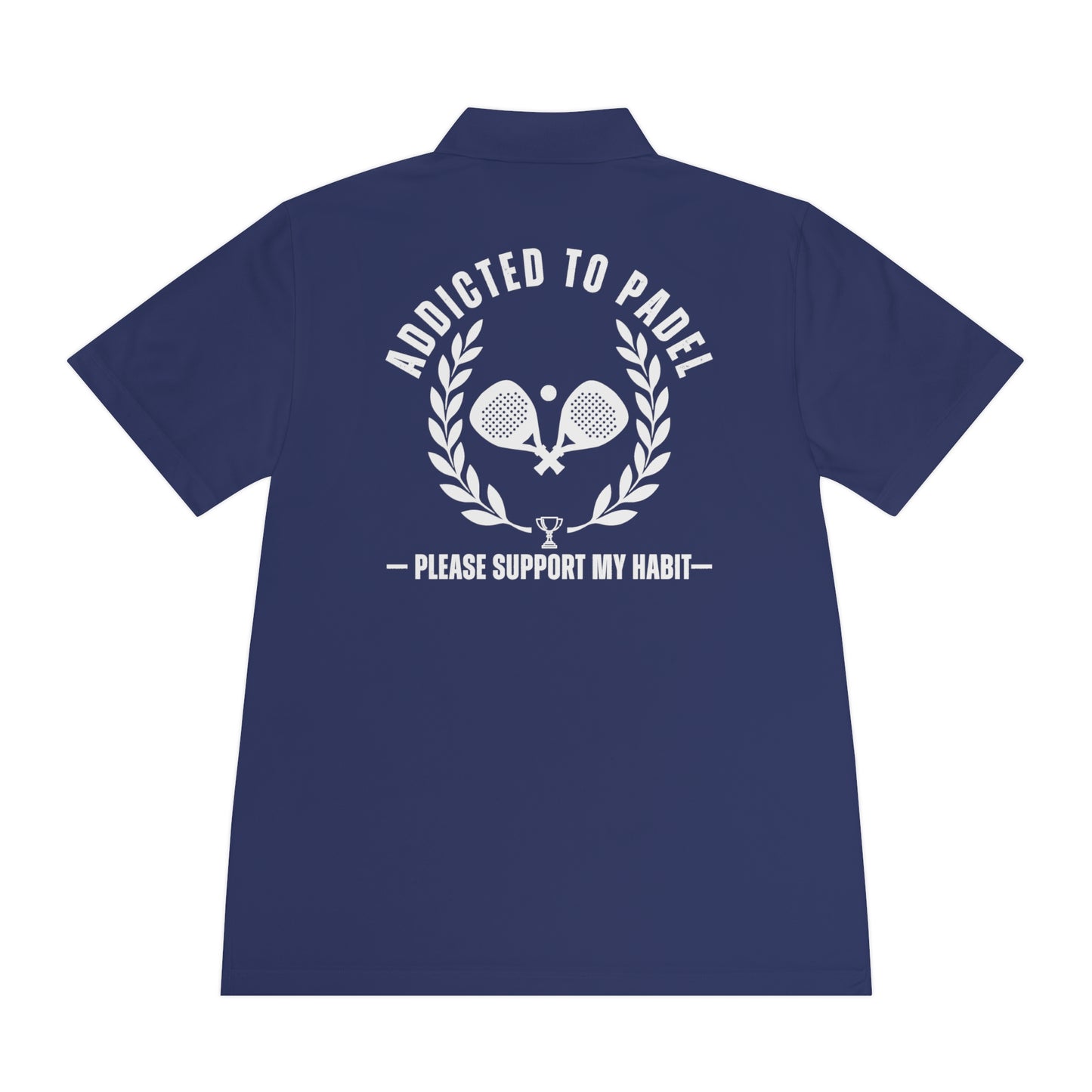 addicted to padel Navy blue polo shirt with white text and graphics on the back