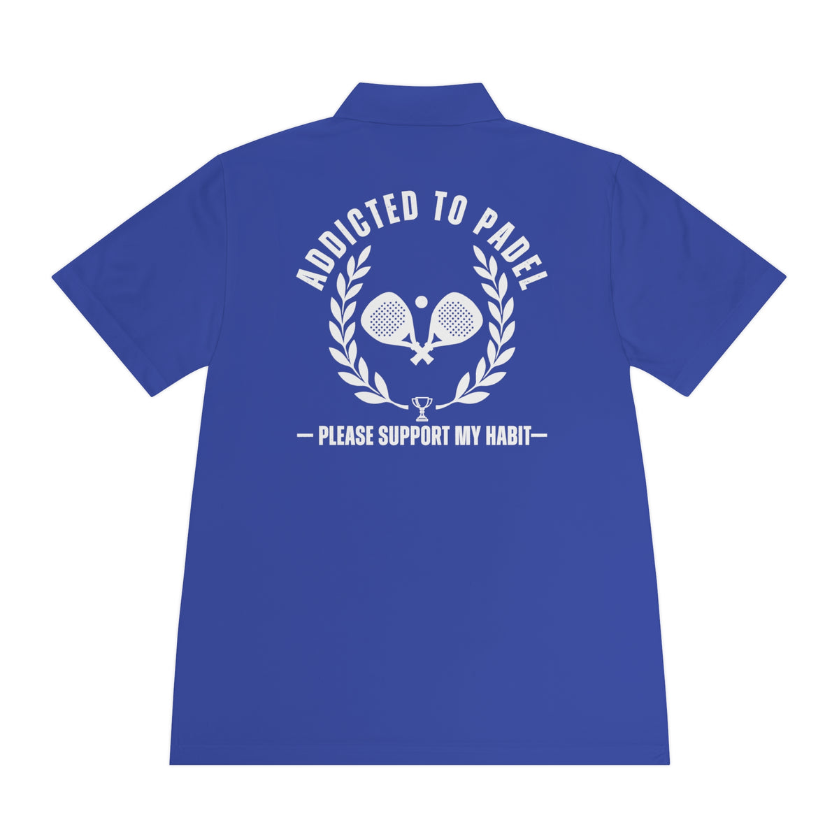 addicted to padel Blue polo shirt with white text and graphics on a white background