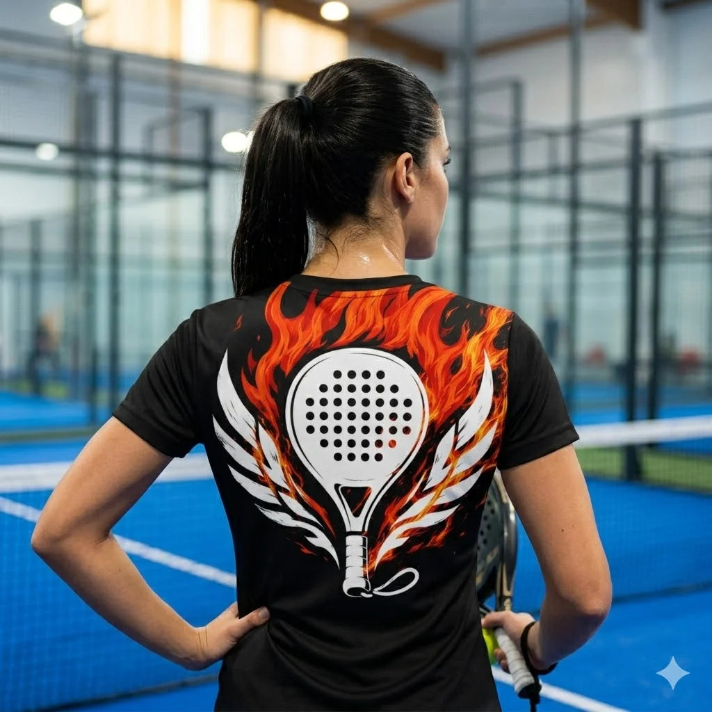 Performance Padel Shirt Woman on a tennis court wearing a black t-shirt with a paddle racket design.