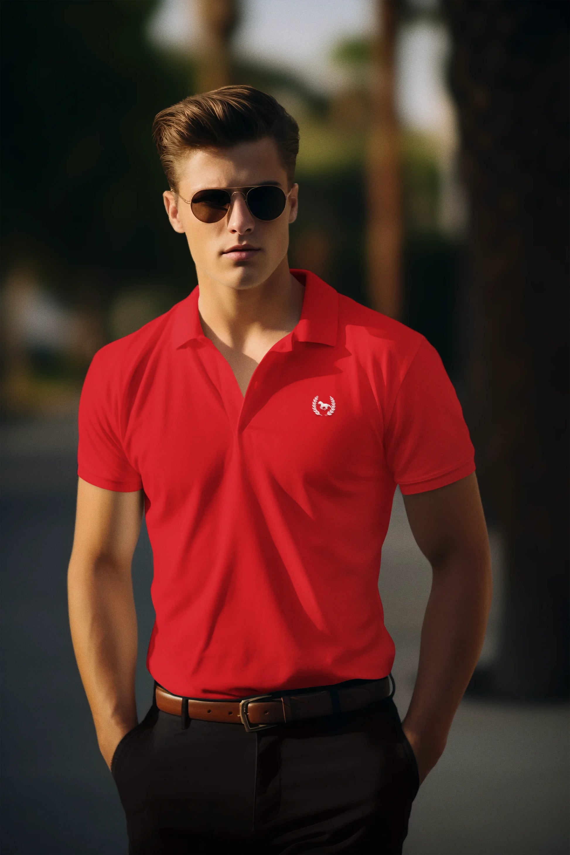 Man wearing a red polo shirt with a logo, sunglasses, and dark pants outdoors.