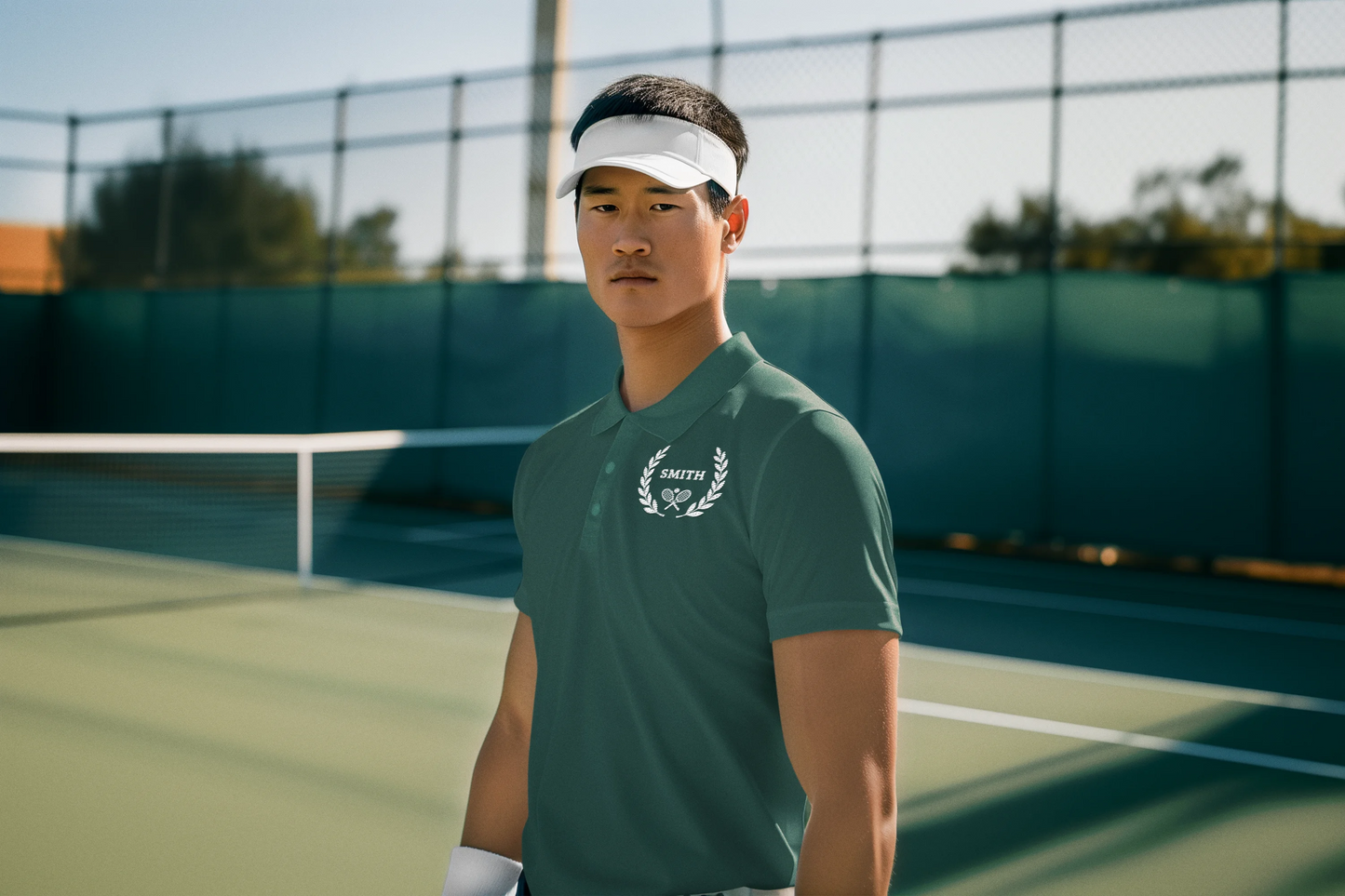 Custom tennis shirt Person wearing a green t-shirt with a logo on a tennis court