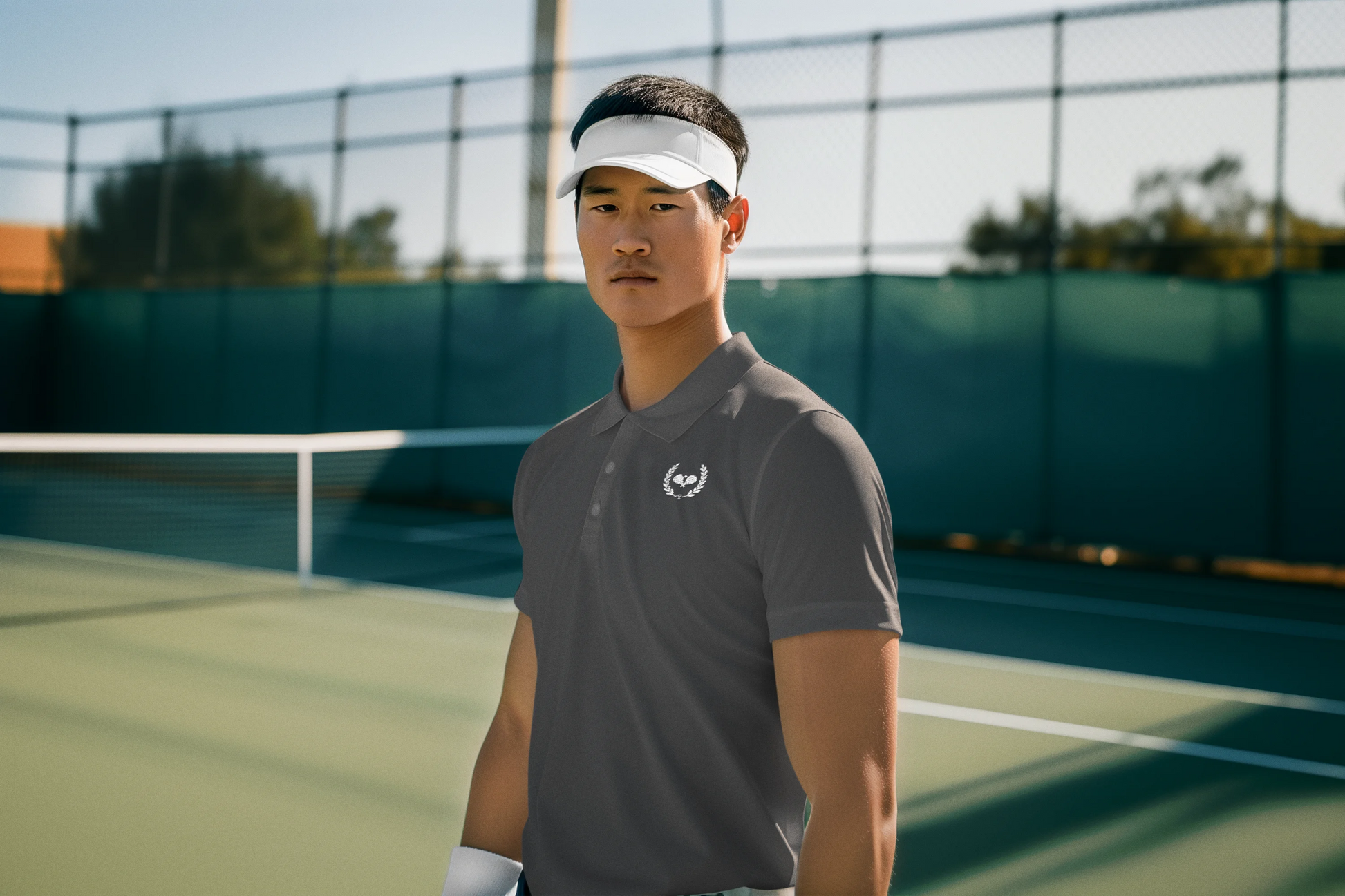 Man wearing a gray shirt with a logo on a tennis court