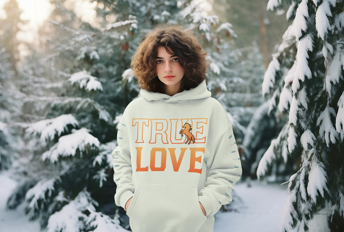 True love for a horse hoodie Person wearing a hoodie with 'TRUE LOVE' text in a snowy forest