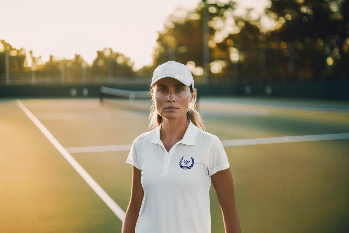 Tennis Polo Women Woman in a white tennis outfit on a tennis court with trees in the background