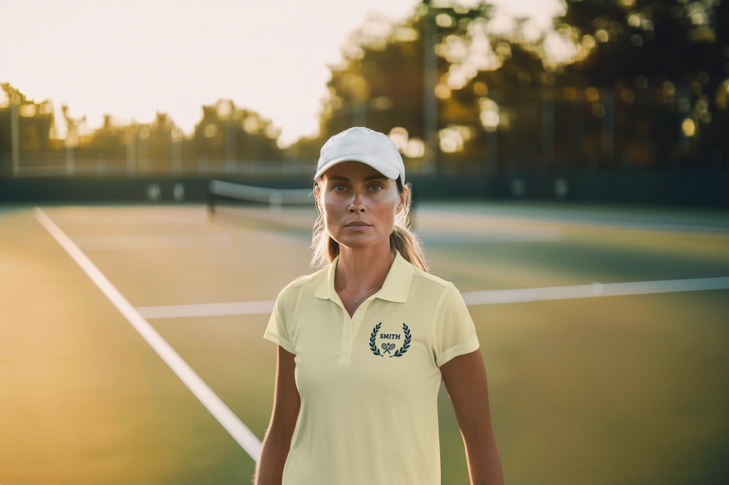 Custom tennis shirt Woman standing on a tennis court wearing a white cap and light-colored shirt.