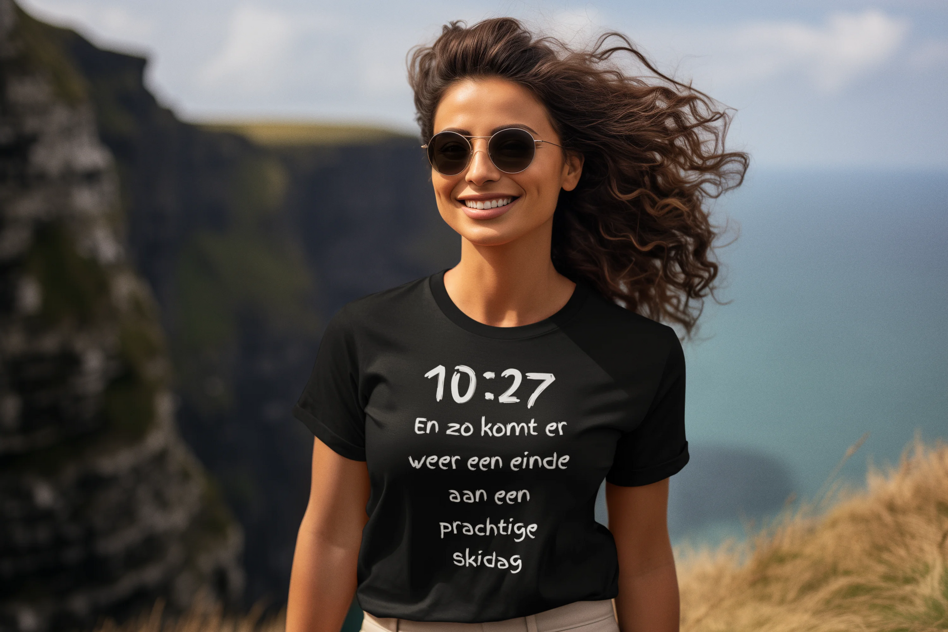 Woman wearing a black t-shirt with text outdoors