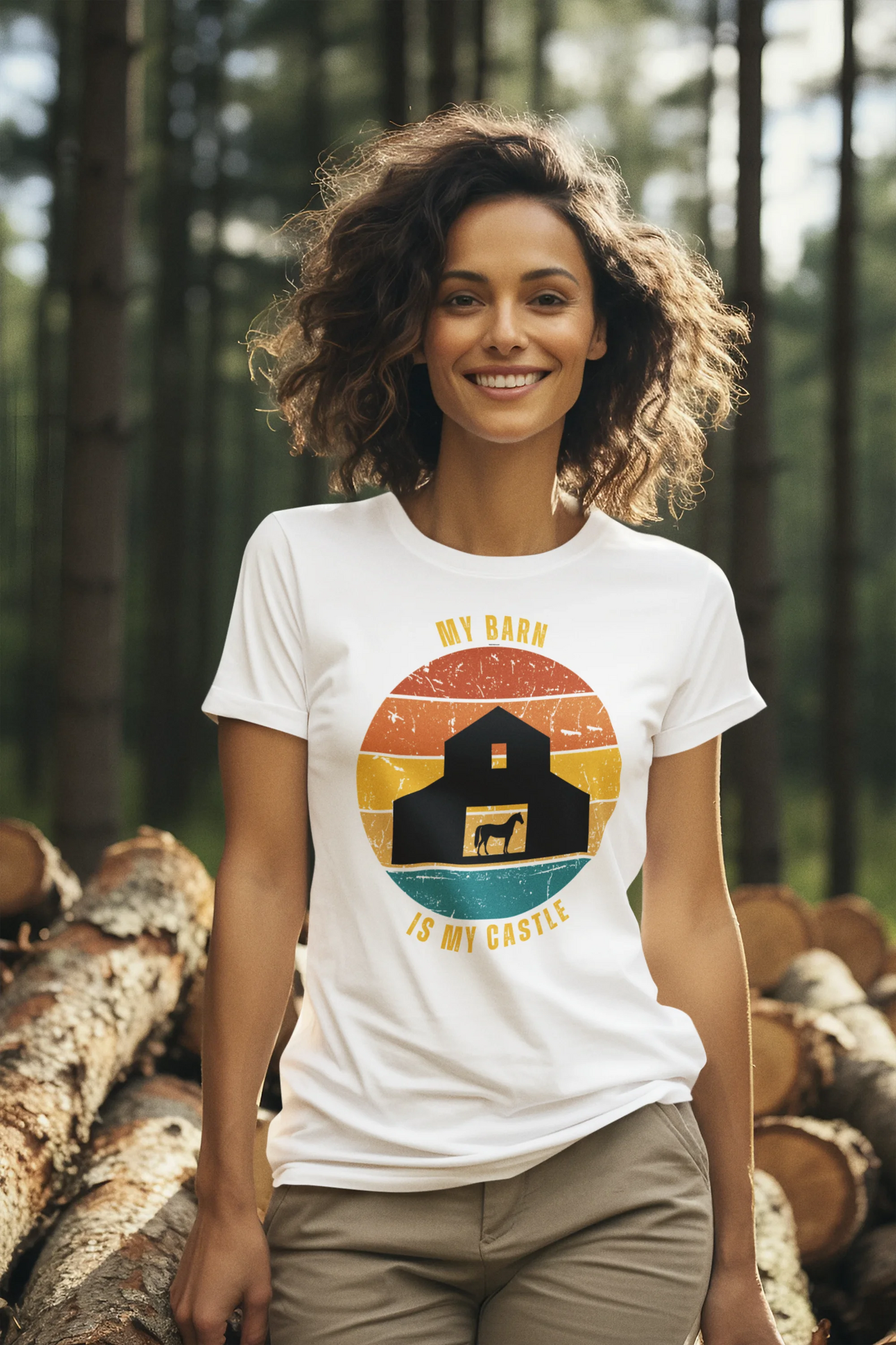 Equestrian Funny Tee Woman wearing a t-shirt with a barn graphic in a forest setting