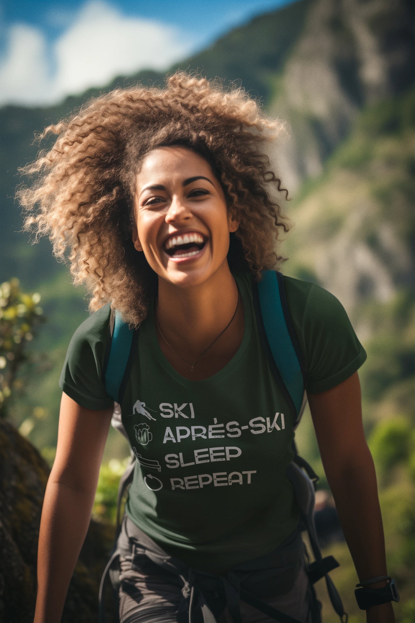 Woman hiking with a green t-shirt and backpack, mountains in the background