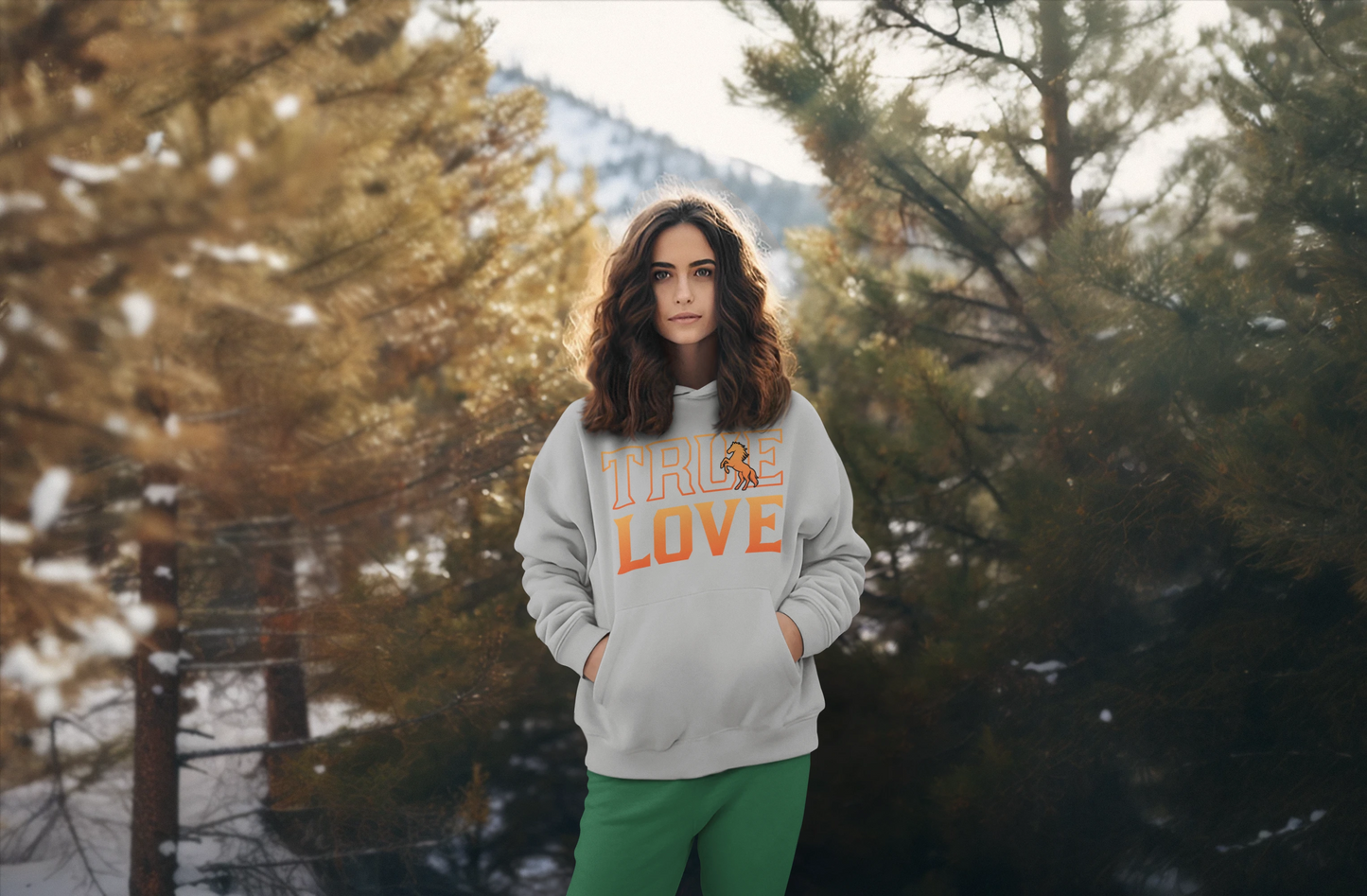 True love for a horse hoodie Person wearing a sweatshirt with 'Hate Love' text in a snowy forest setting