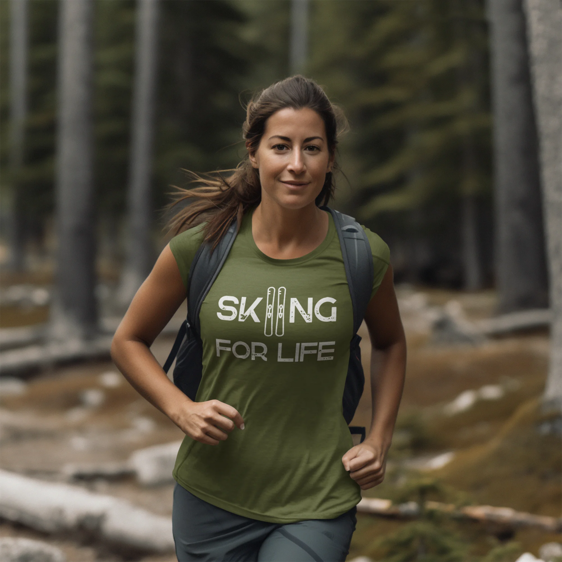 Woman wearing a green t-shirt with 'Skiing for Life' text, running in a forest.