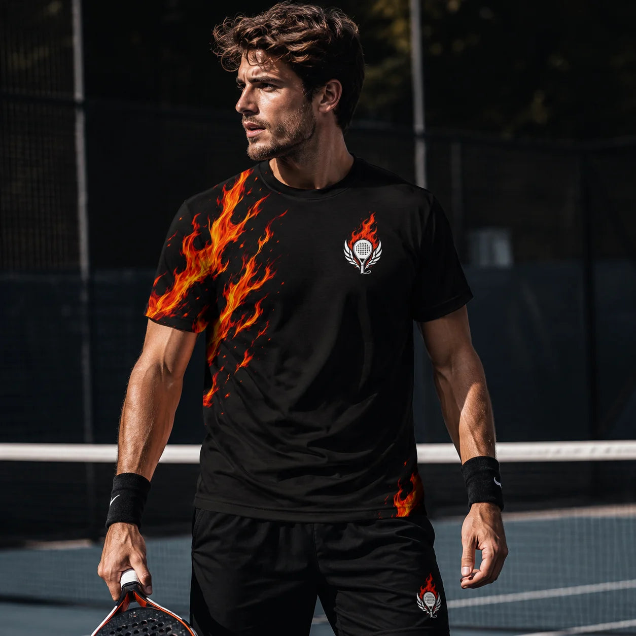 Performance Padel Shirt Man on a tennis court wearing a black t-shirt with flame design and logo.