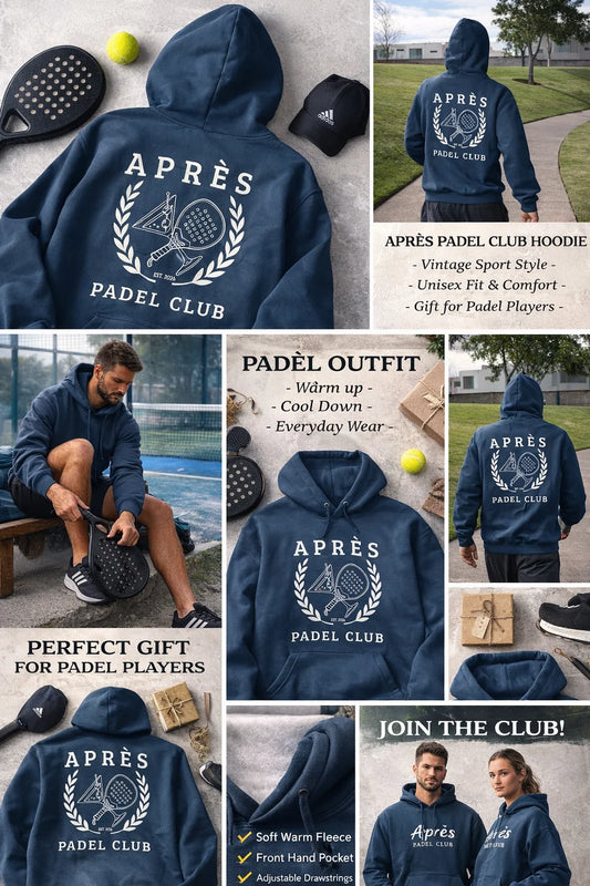 Hoodie Padel Collage of blue 'Apres Padel Club' hoodie with branding and lifestyle images.