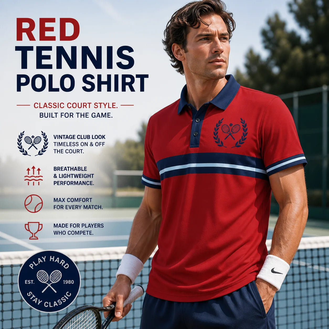Red Tennis Polo Shirt Man wearing a red tennis polo shirt on a tennis court with promotional text.