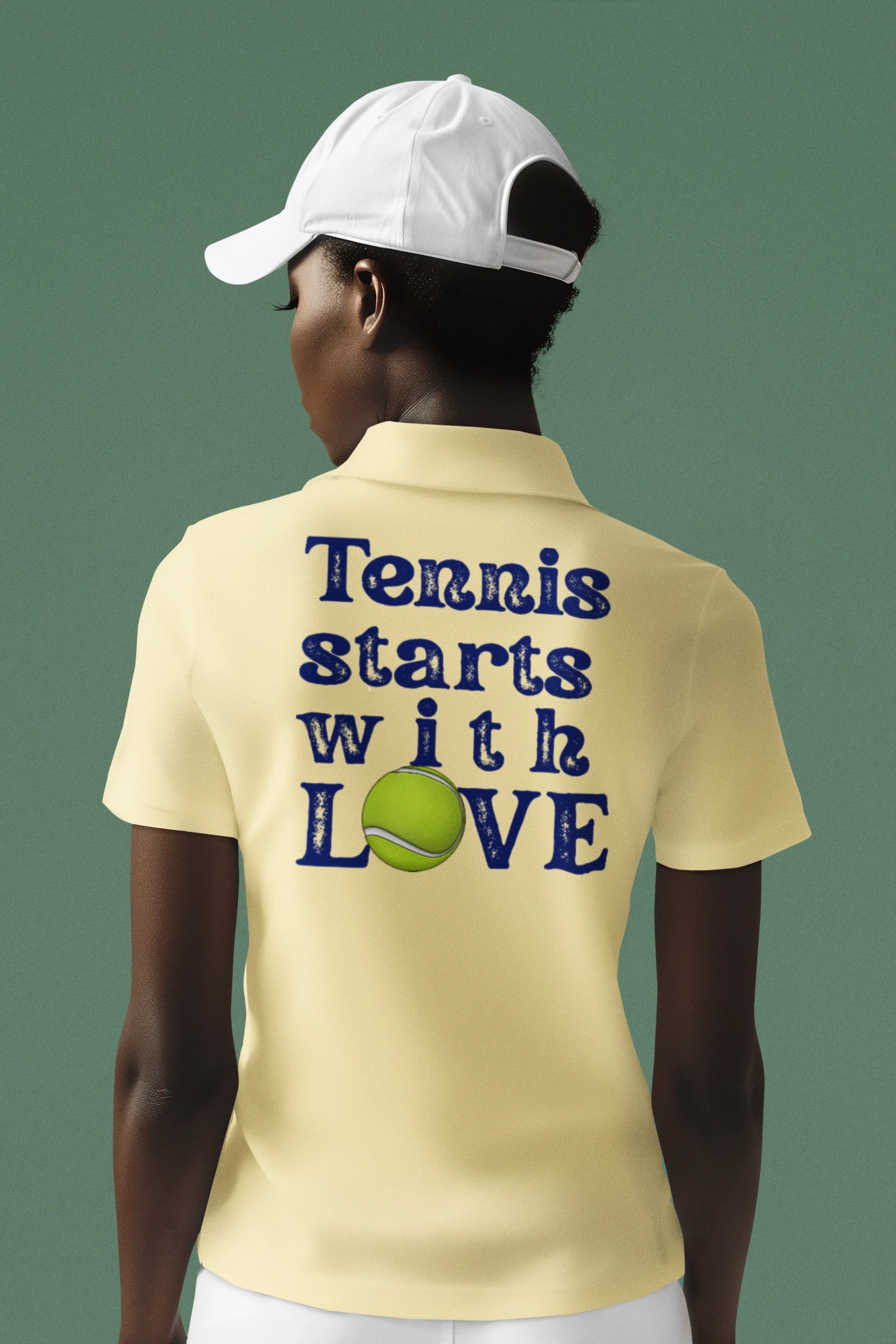 Tennis Polo Women Person wearing a yellow polo shirt with 'Tennis starts with LOVE' text and a tennis ball graphic.