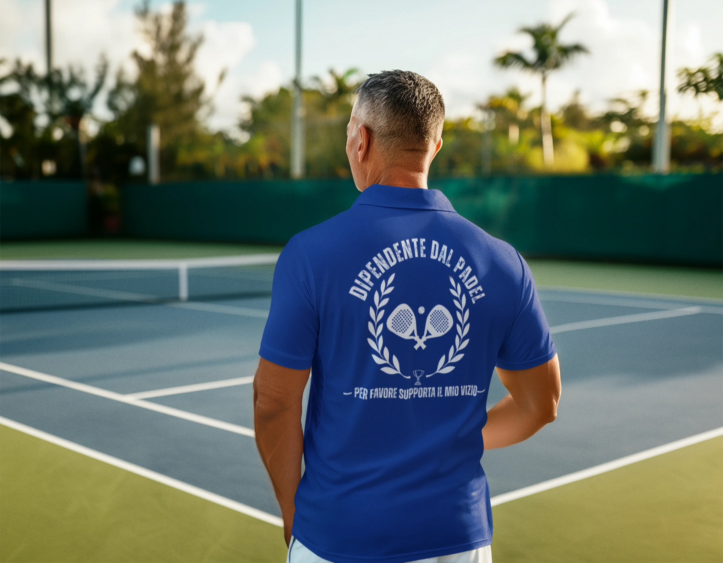 Man wearing a blue shirt with text on a tennis court