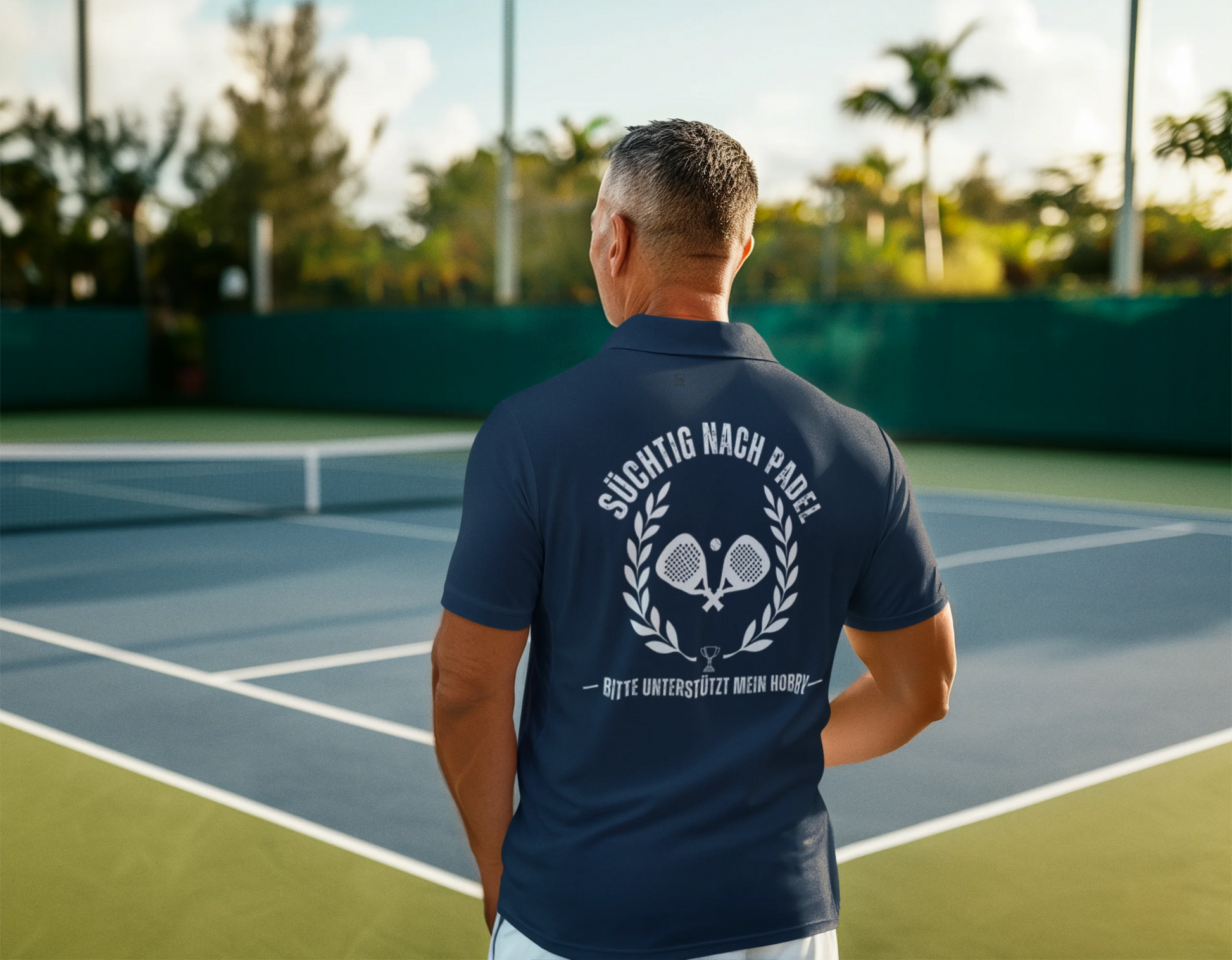 Man wearing a navy blue polo shirt with text on the back, standing on a tennis court.