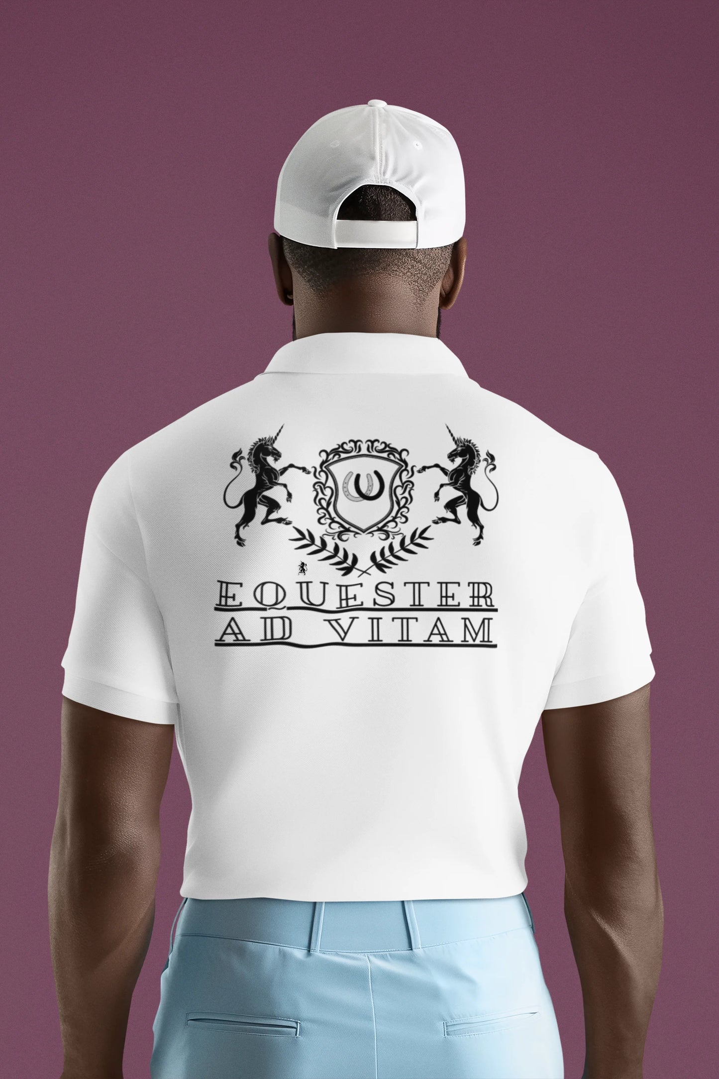 Man wearing a white polo shirt with a logo and text on the back against a purple background