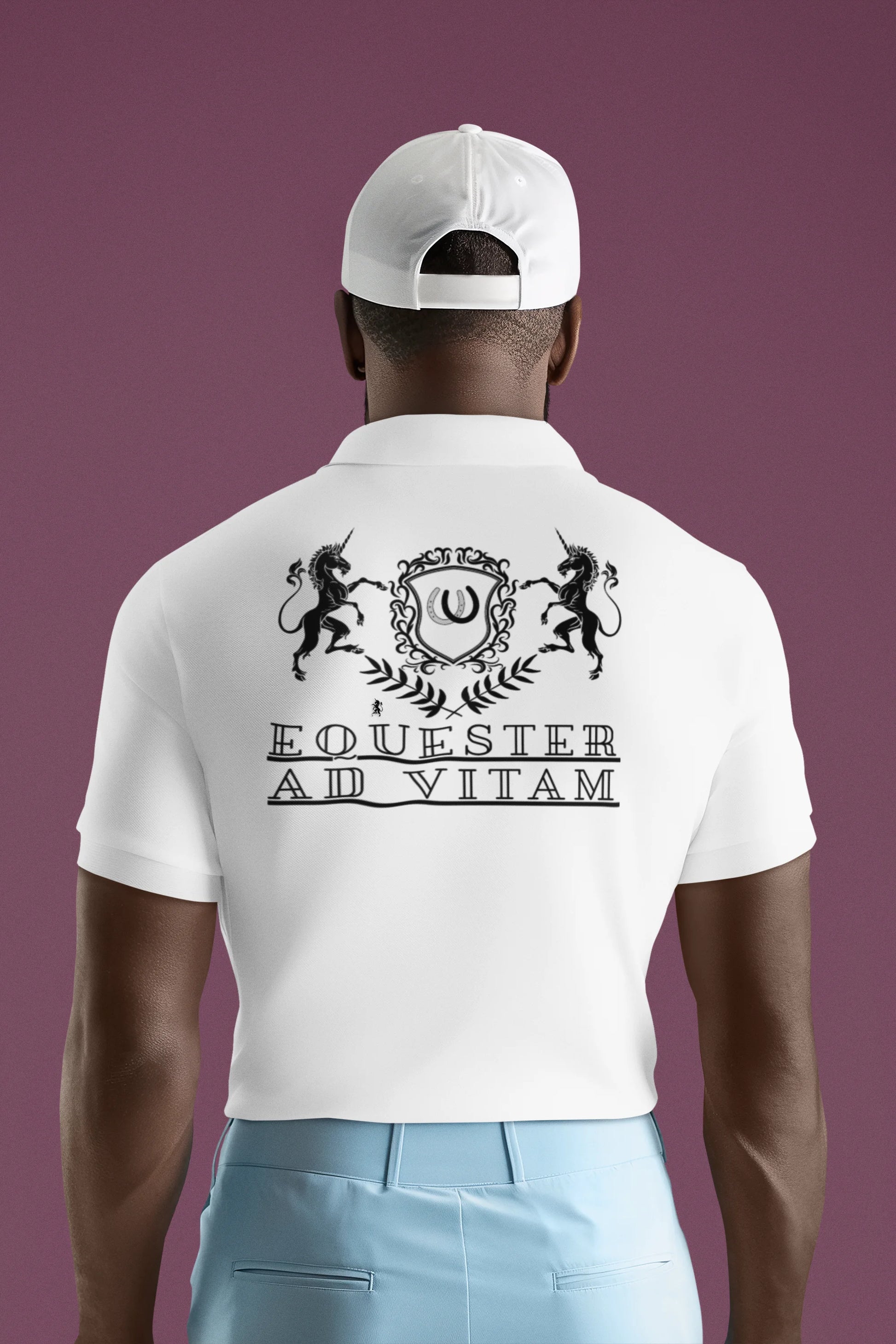 Man wearing a white polo shirt with a logo and text on the back against a purple background