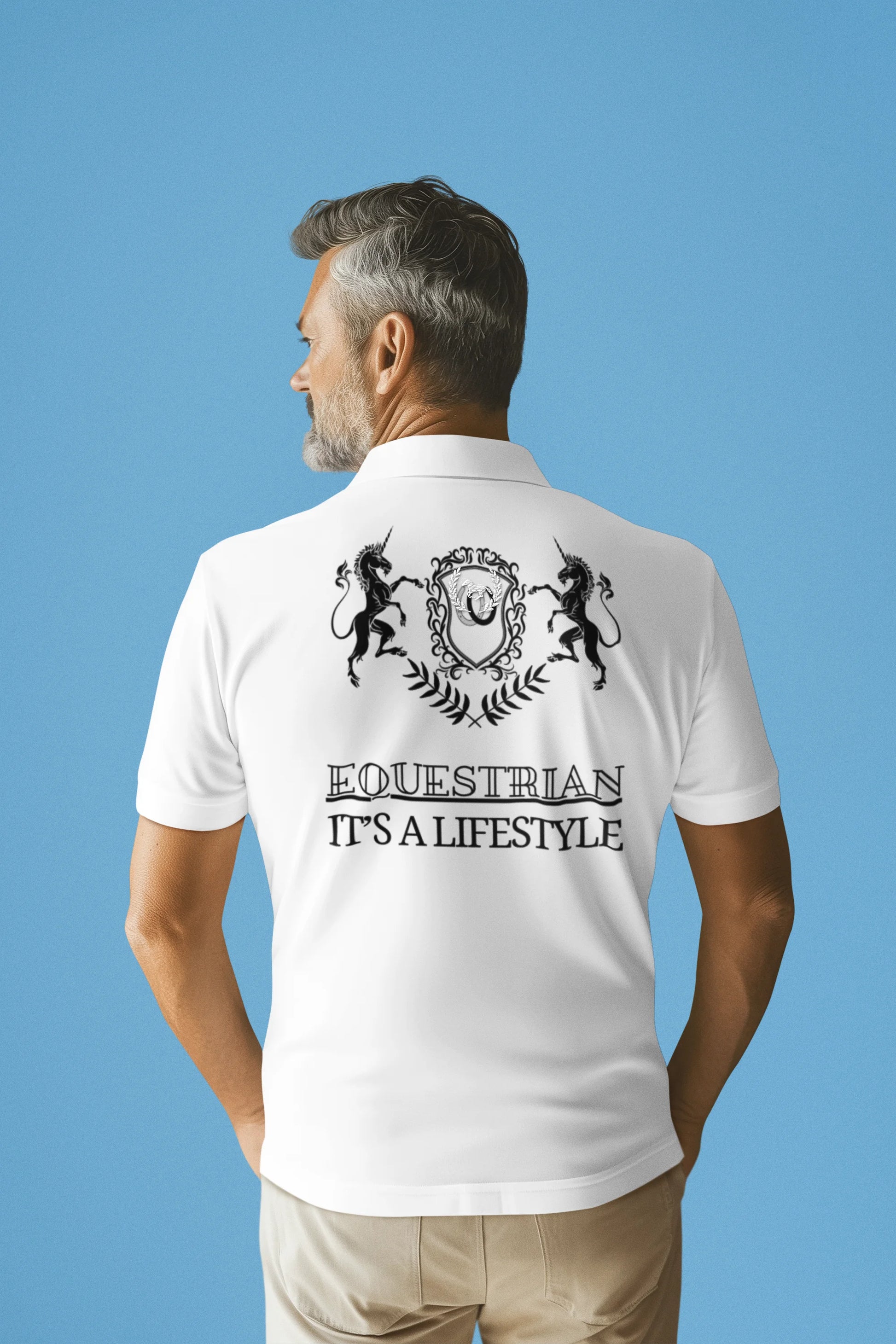Man wearing a white polo shirt with equestrian design and text on the back against a blue background