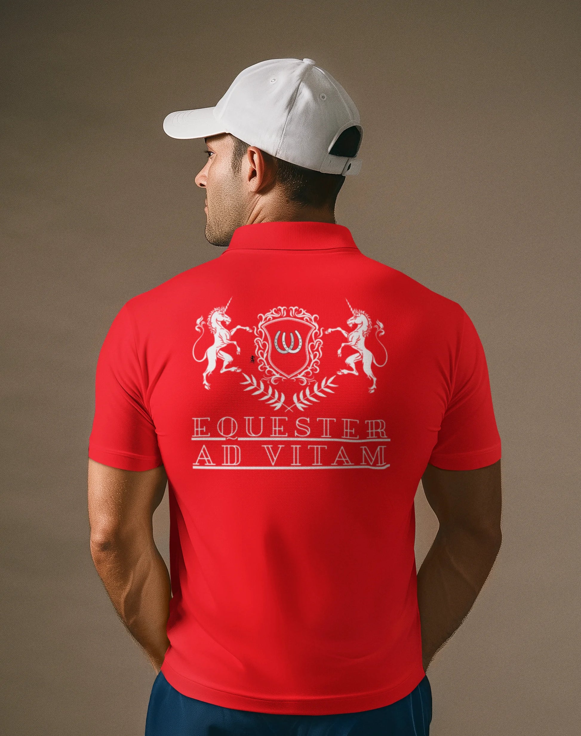 Man wearing a red polo shirt with a logo and text on the back, against a brown background