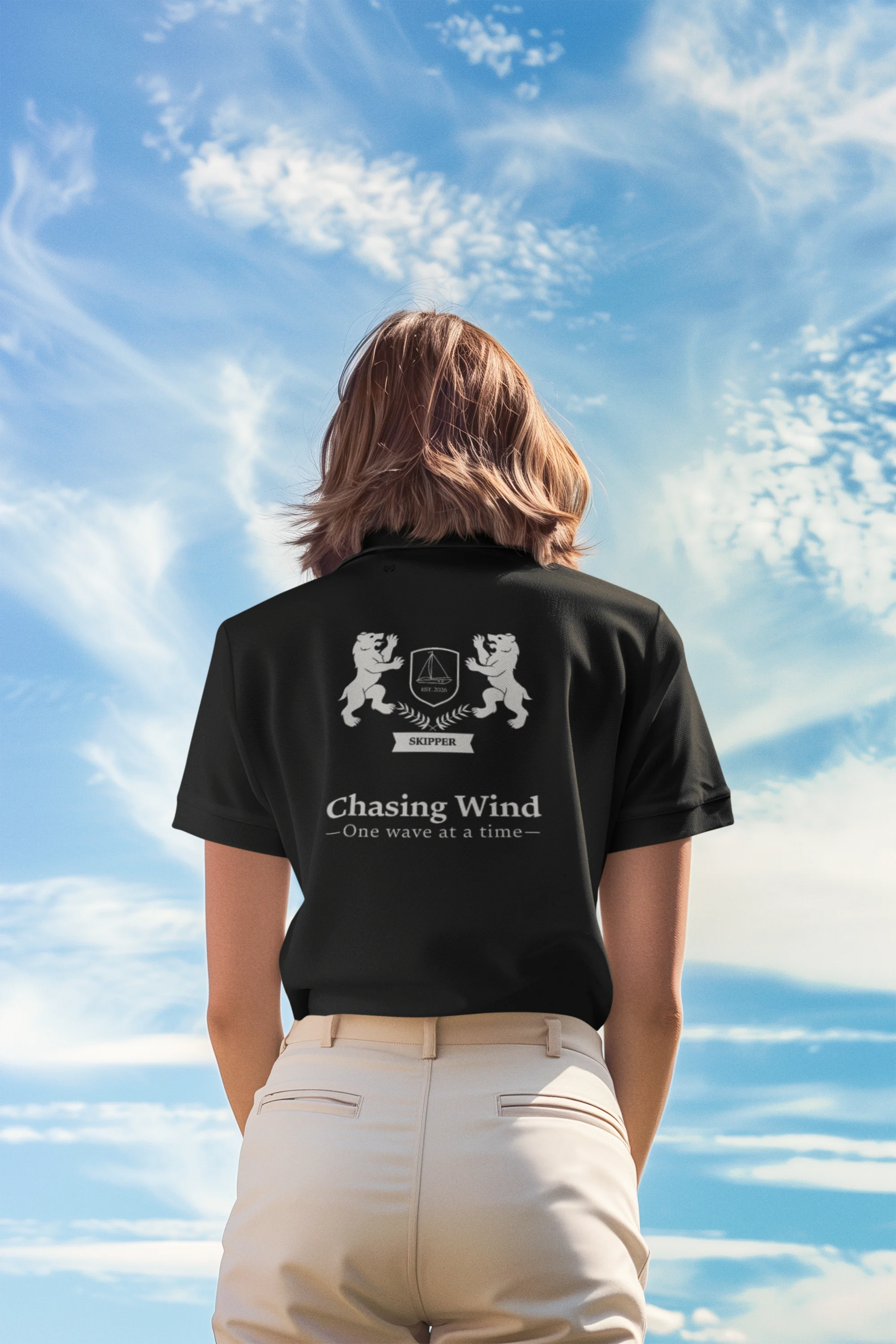 Sailing Polo Shirt Person wearing a black t-shirt with a logo and text against a blue sky