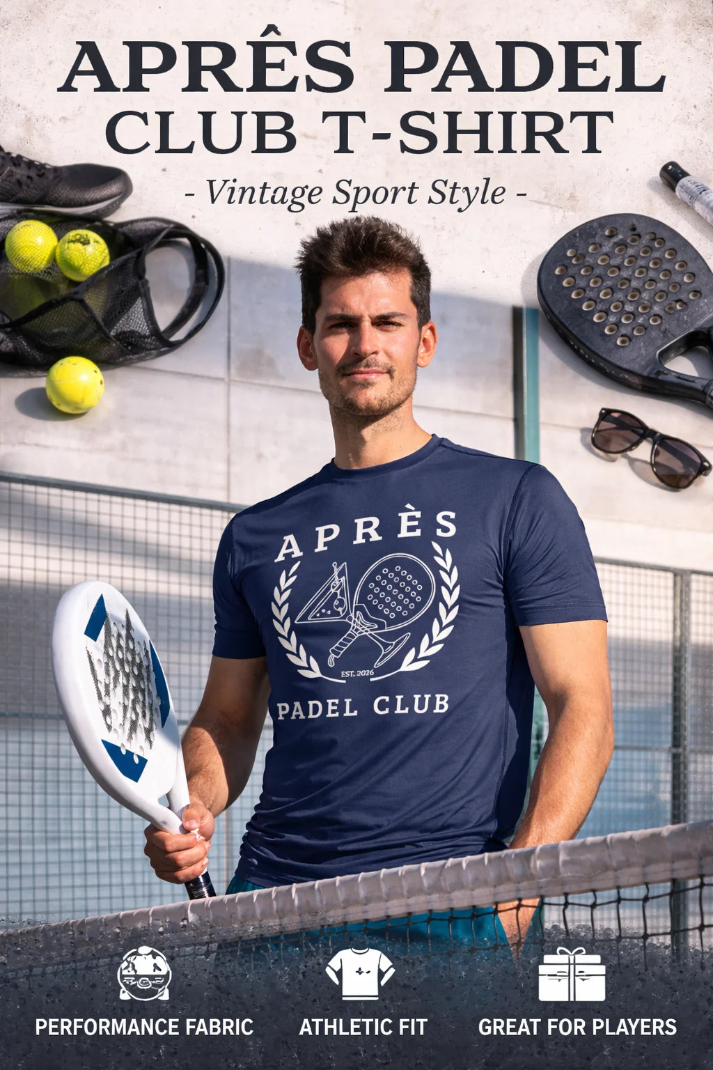 Padel Club Shirt Man wearing an 'Après Padel Club' t-shirt holding a paddle, with sports equipment in the background.