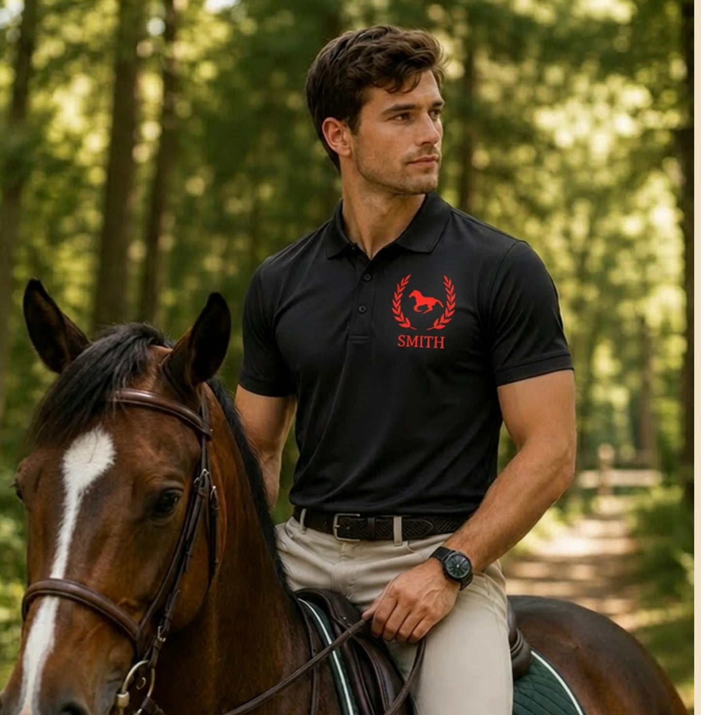 black polo shirt red horse Man riding a horse in a forest wearing a black polo shirt with a red logo and 'Smith' text.